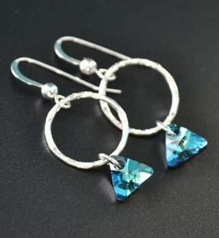Hammered Hoop with Triangle Crystal Earrings - Bermuda Blue