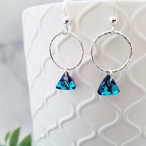 Hammered Hoop with Triangle Crystal Earrings - Bermuda Blue