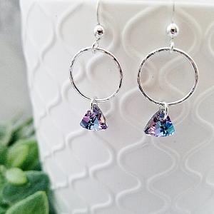 Hammered Hoop with Triangle Crystal Earrings - Vitrail Purple