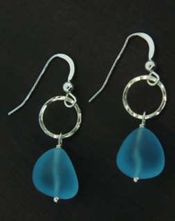 Eco Sea Glass with Hammered Ring Earrings - Turquoise