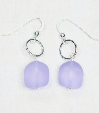 Eco Sea Glass with Hammered Ring Earrings - Periwinkle