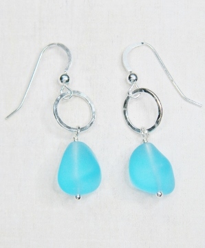 Eco Sea Glass with Hammered Ring Earrings - Turquoise