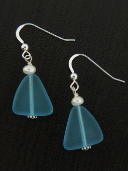 Eco Sea Glass with Pearl Earrings - Turquoise