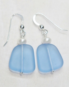 Eco Sea Glass with Pearl Earrings - Cornflower Blue
