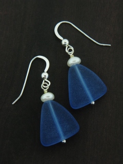 Eco Sea Glass with Pearl Earrings - Cobalt Blue