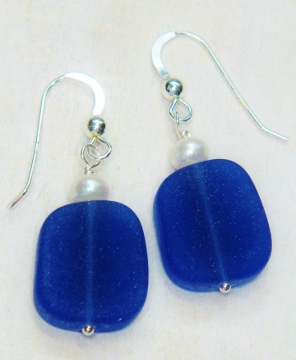 Eco Sea Glass with Pearl Earrings - Cobalt Blue