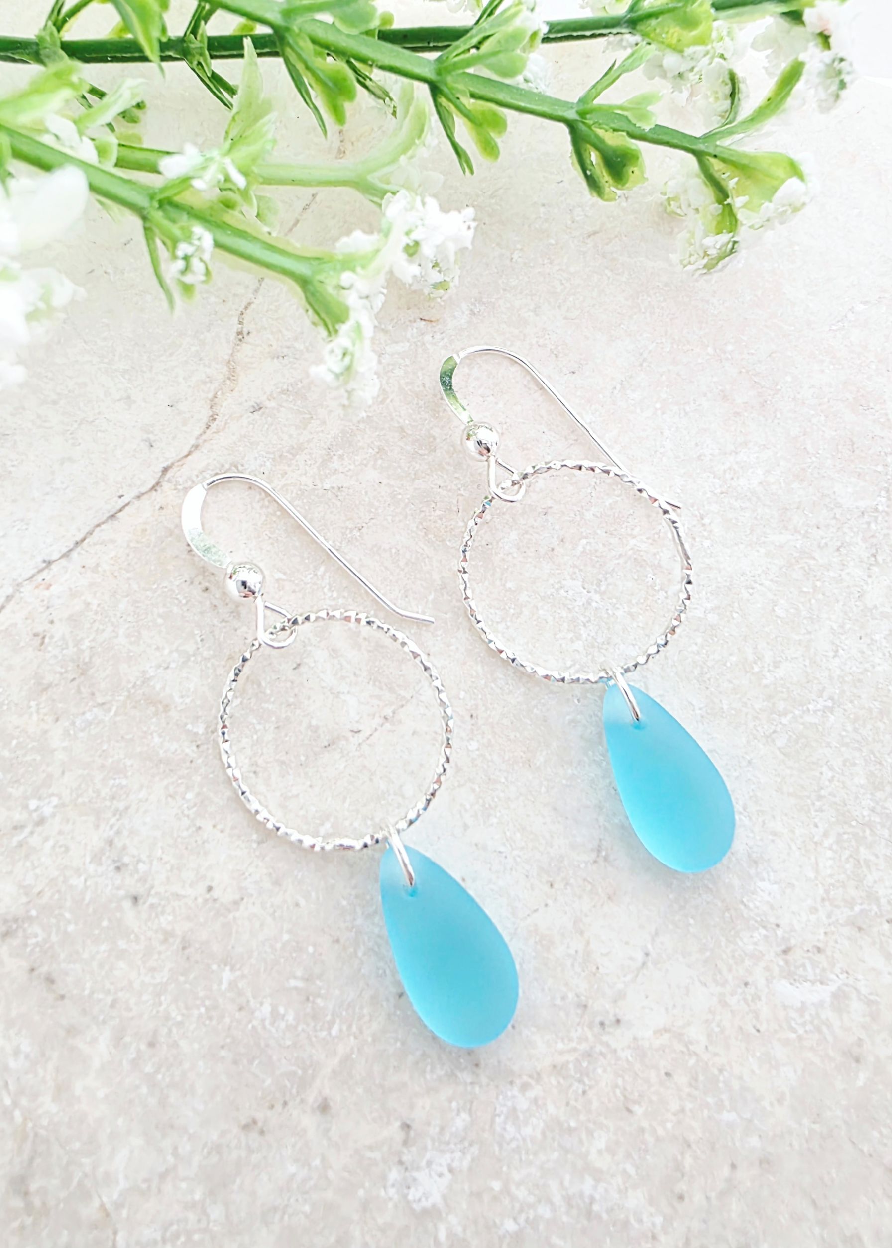 Cultured Sea Glass Diamond Cut Teardrop Earrings - Turquoise