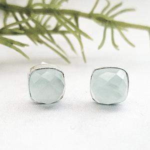 Silver Cushion Aqua Chalcedony Studs Earrings