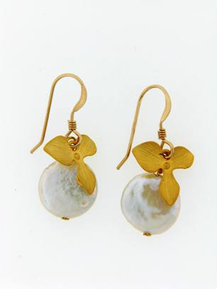 Gold Coin Pearl Orchid Earrings
