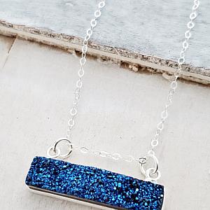 Silver Druzy Bar Sideways - Blue