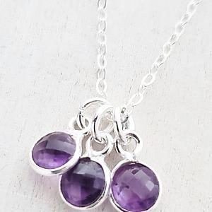 Silver Gemstone Cluster Trio Necklace - Amethyst