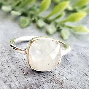 Rainbow Moonstone Cushion Ring in Sterling Silver