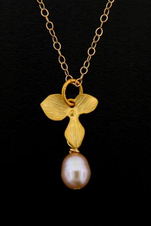 Gold Pink Pearl Orchid Necklace