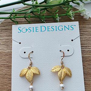 Gold Exotic Matte Leaf w/ Crystal White Pearl Earrings