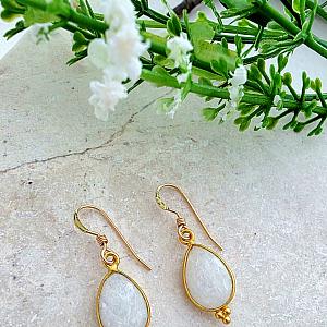 Gold Gemstone Ornate Teardrop Earrings - Rainbow Moonstone