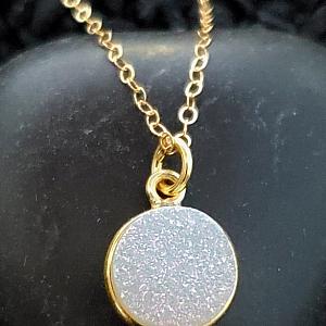 Gold Round Bezel Druzy Necklace - Rainbow White