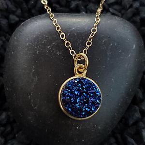Gold Round Bezel Druzy Necklace - Blue