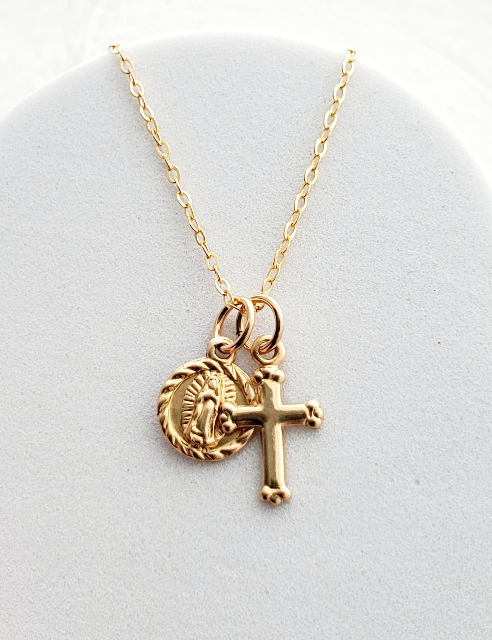 Gold Filled Tiny  Miraculous Virgin Mary Guadalupe w/ Cross Necklace