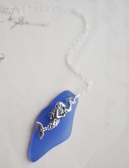 Mermaid Cultured Sea Glass Shard Necklace - Cobalt Blue