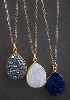 Gold Druzy Pear Necklace - Rainbow White