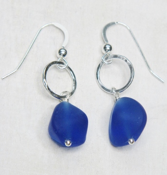 Eco Sea Glass with Hammered Ring Earrings - Cobalt Blue