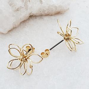 Gold Wire-Wrapped Lotus Studs Earrings